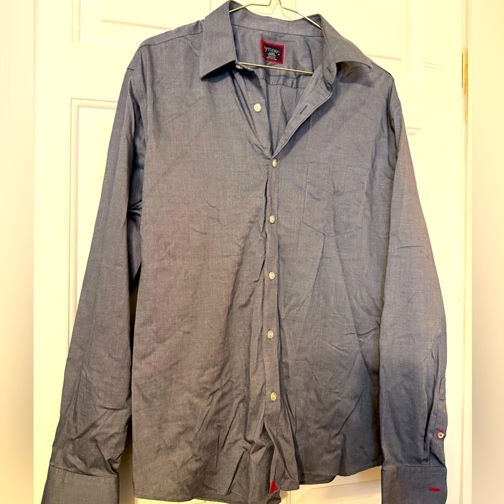 UNTUCKit Button Up Men’s Shirt Blue/Gray Pinpoint Size Large 100% Cotton